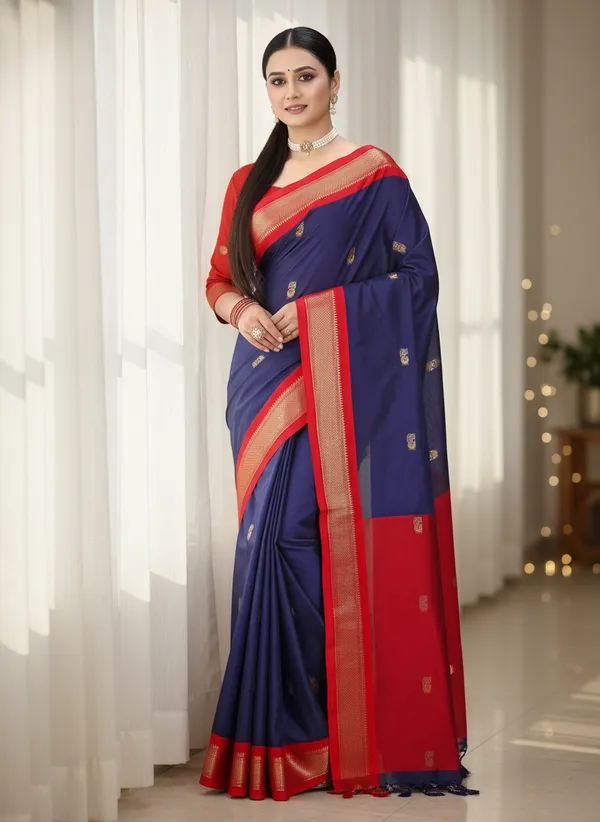 Navy_Blue_Cotton_Silk_Traditional_Saree_With_Running_Blouse_For_Women