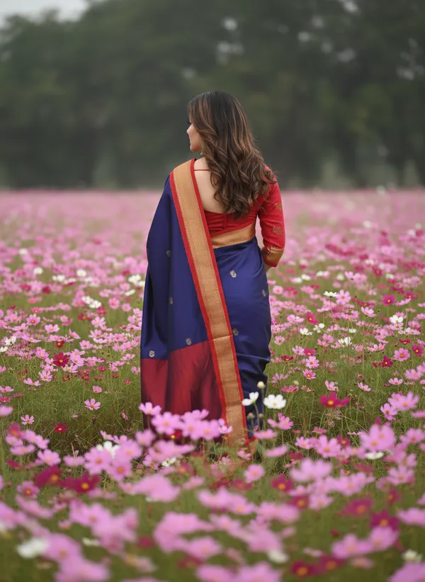 Navy_Blue_Cotton_Silk_Traditional_Saree_With_Running_Blouse_For_Women
