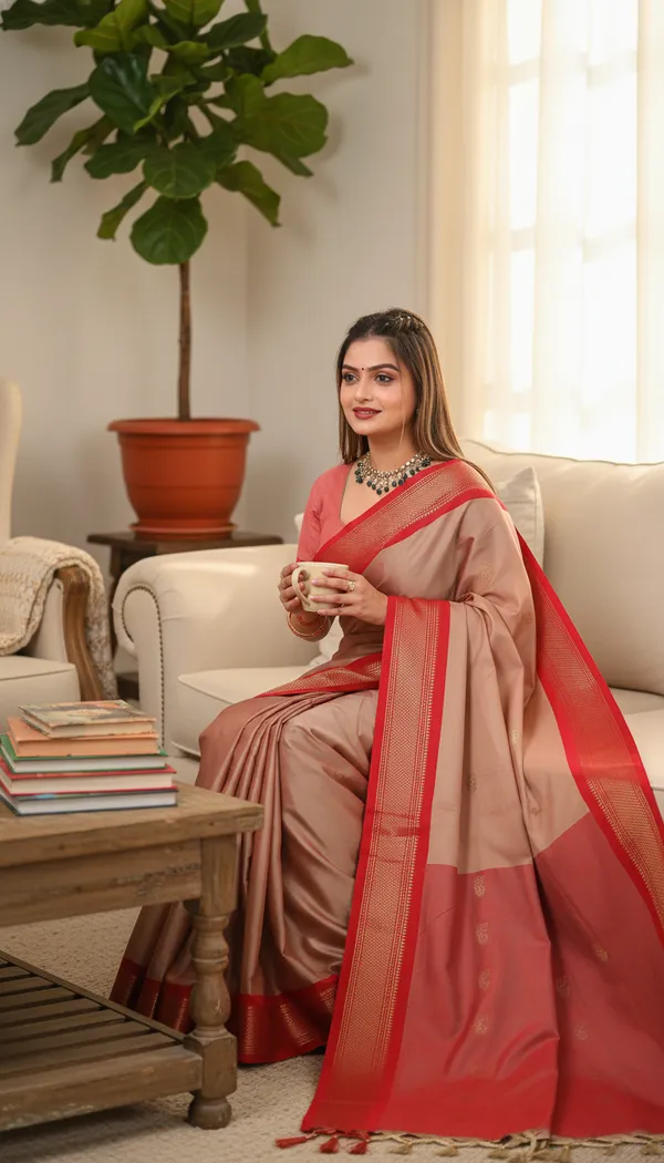 Peach_Cotton_Silk_Traditional_Saree_With_Running_Blouse_For_Women