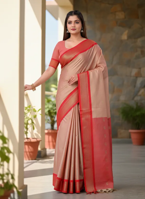 Peach_Cotton_Silk_Traditional_Saree_With_Running_Blouse_For_Women