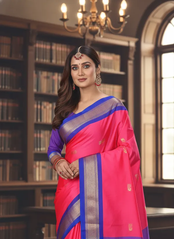 Rani_Pink_Cotton_Silk_Traditional_Saree_With_Running_Blouse_For_Women