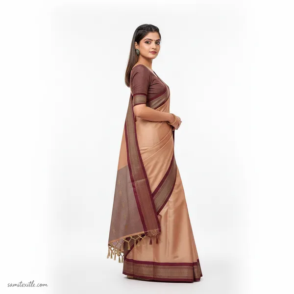 Peach_And_Maroon_Cotton_Silk_Traditional_Saree_With_Running_Blouse_For_Women