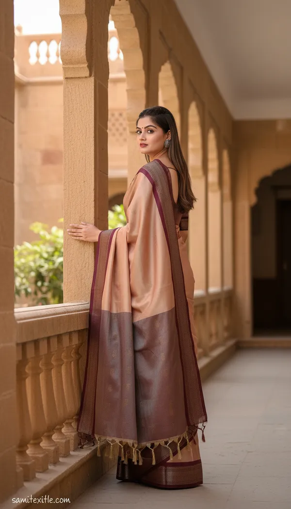 Peach_And_Maroon_Cotton_Silk_Traditional_Saree_With_Running_Blouse_For_Women