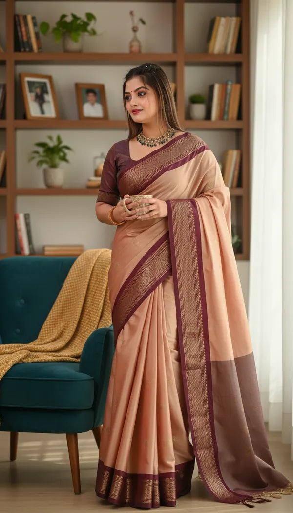 Peach_And_Maroon_Cotton_Silk_Traditional_Saree_With_Running_Blouse_For_Women