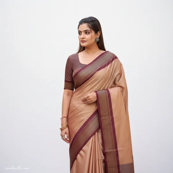 Peach_And_Maroon_Cotton_Silk_Traditional_Saree_With_Running_Blouse_For_Women