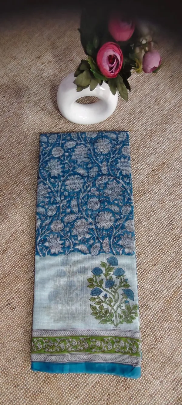 Blue_Floral_Print_Kota_Doriya_Saree_With_Blouse