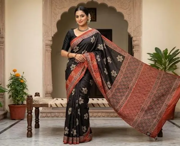 Ajrak_Hand_Block_Pure_Muslin_Slik_Saree_With_Blouse-_Black_&_Maroon