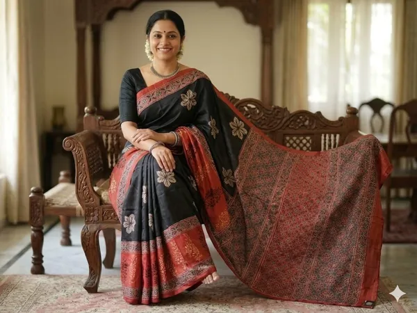 Ajrak_Hand_Block_Pure_Muslin_Slik_Saree_With_Blouse-_Black_&_Maroon