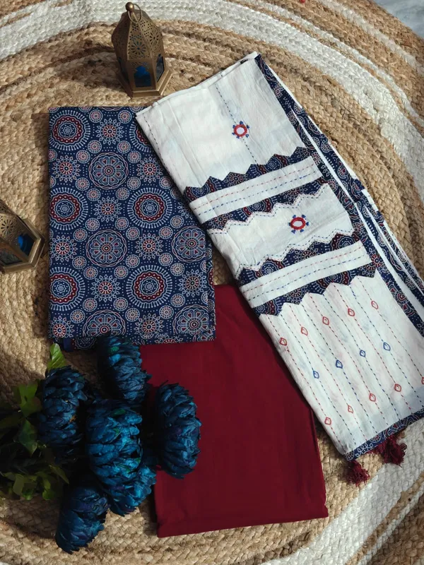 Handblock_Print_Cotton_Unstitched_Suit_Material_With_Aplique_Work_Dupatta_(Blue_And_Maroon)