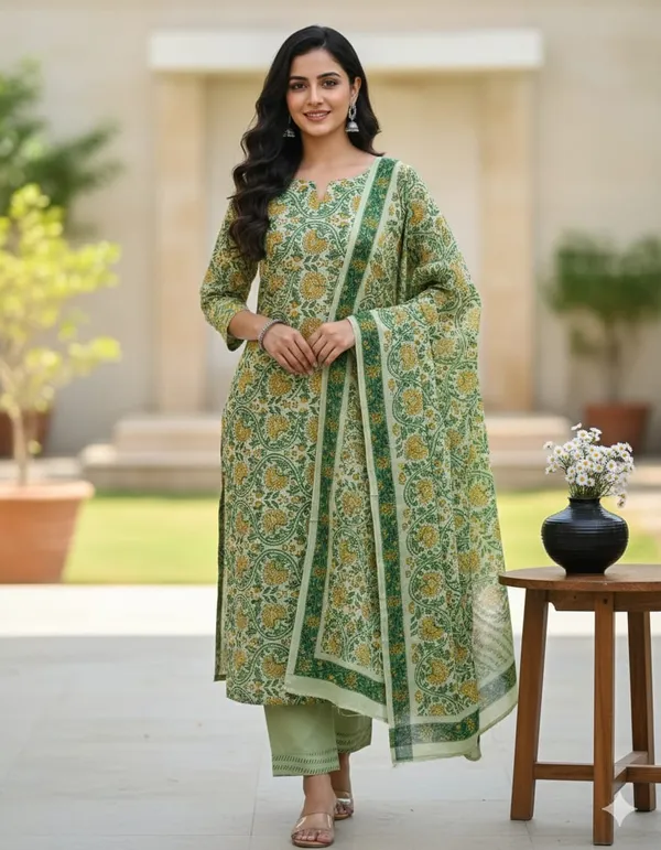 Floral_Jaipuri_Print_Cotton_Unstitched_Suit_Material_With_Chiffon_Dupatta_-_Green_And_Yellow