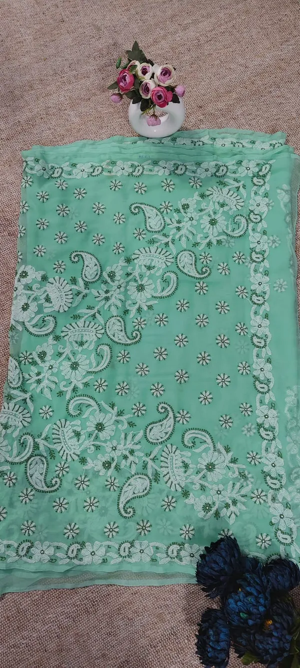 Green_Georgette_Chickankari_Hand_Work_Saree_With_Blouse