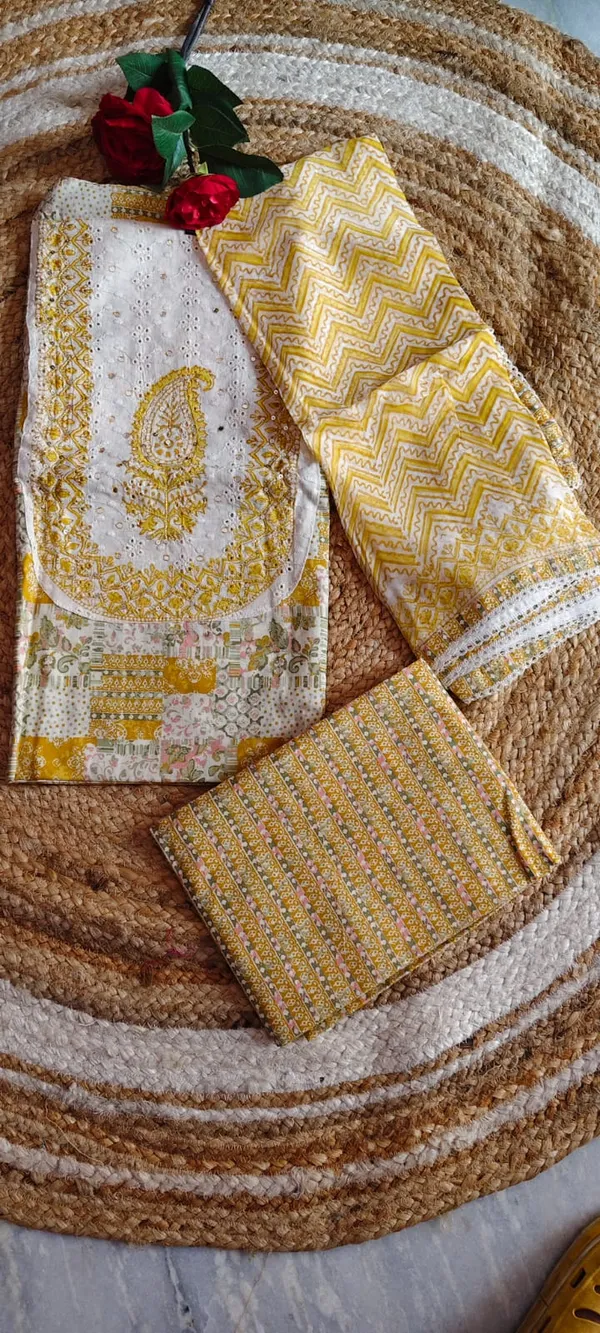 Yellow_Cotton_Unstitched_Suit_Material_With_Dupatta