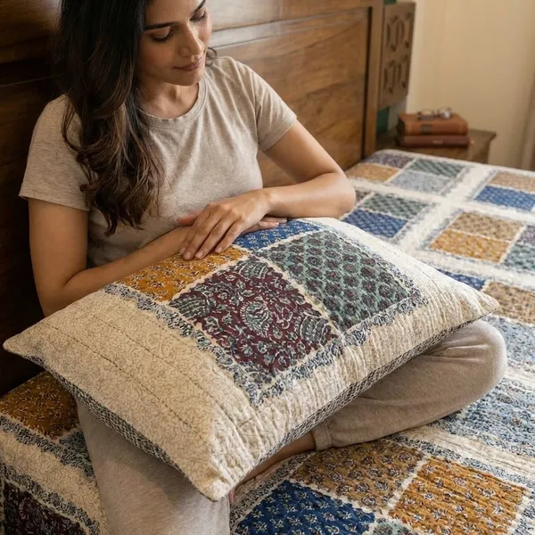 Handcrafted_Patchwork_Print_Cotton_Bedspread_With_Matching_Pillow_Covers_-_Traditional_Block_Print_Design