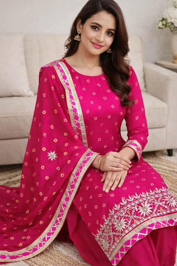 Vibrant_Magenta_Bandhani_Unstitched_Suit_Material_With_Gota_Patti_Border_Dupatta