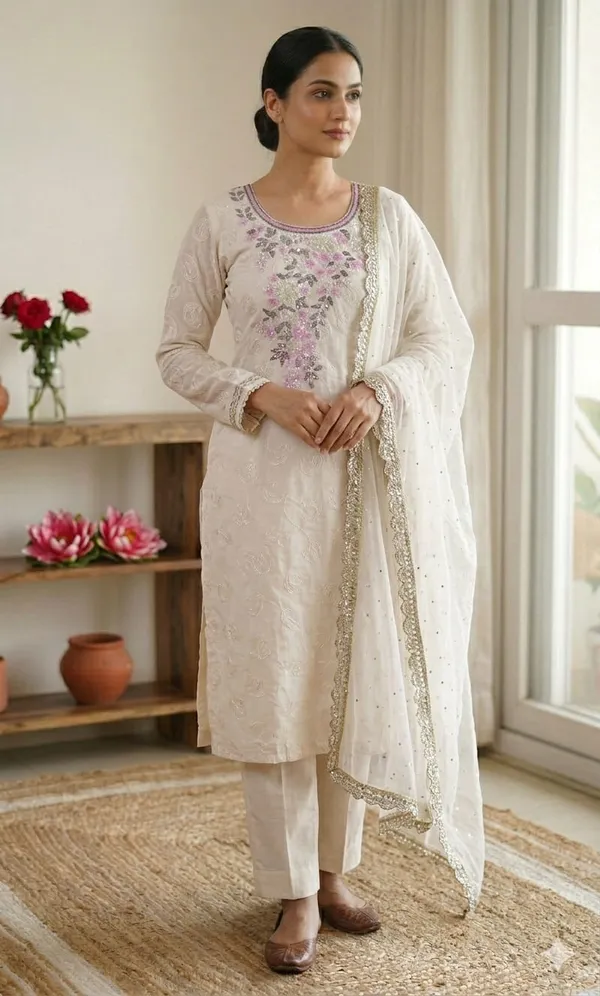 White_&_Pink_Embroidered_Organza_Unstitched_Suit_Material_With_Chiffon_Dupatta