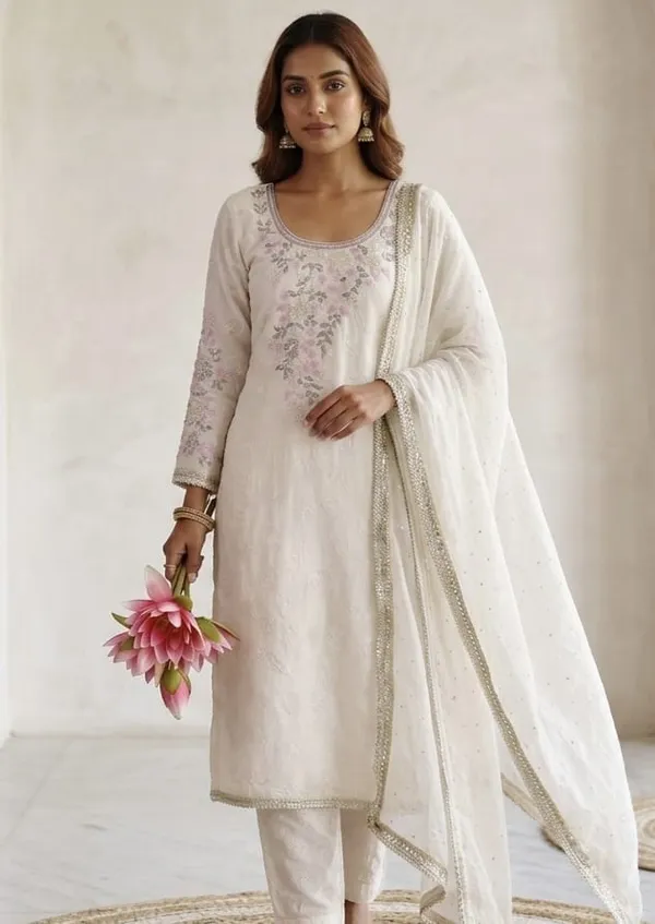 White_&_Pink_Embroidered_Organza_Unstitched_Suit_Material_With_Chiffon_Dupatta