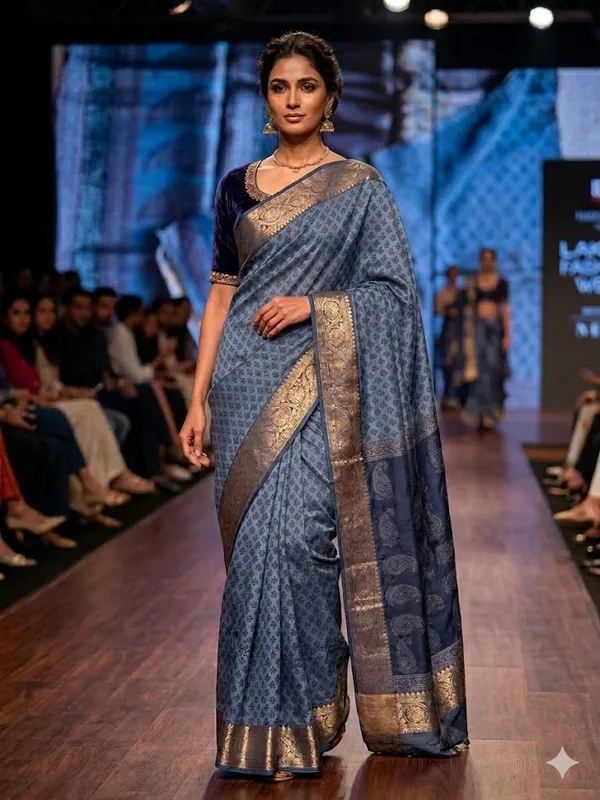Bluish_Gray_Dola_Slik_Saree_With_Zari_Border-Bagh_Print