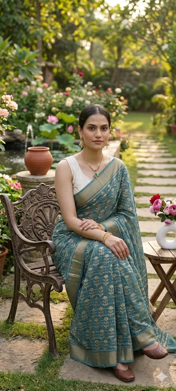 Teal_And_Gold_Floral_Print_Chanderi_Silk_Saree