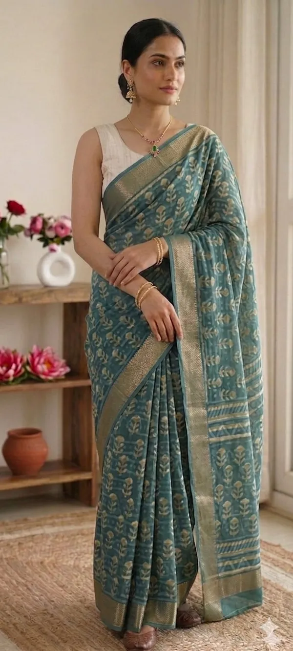 Teal_And_Gold_Floral_Print_Chanderi_Silk_Saree