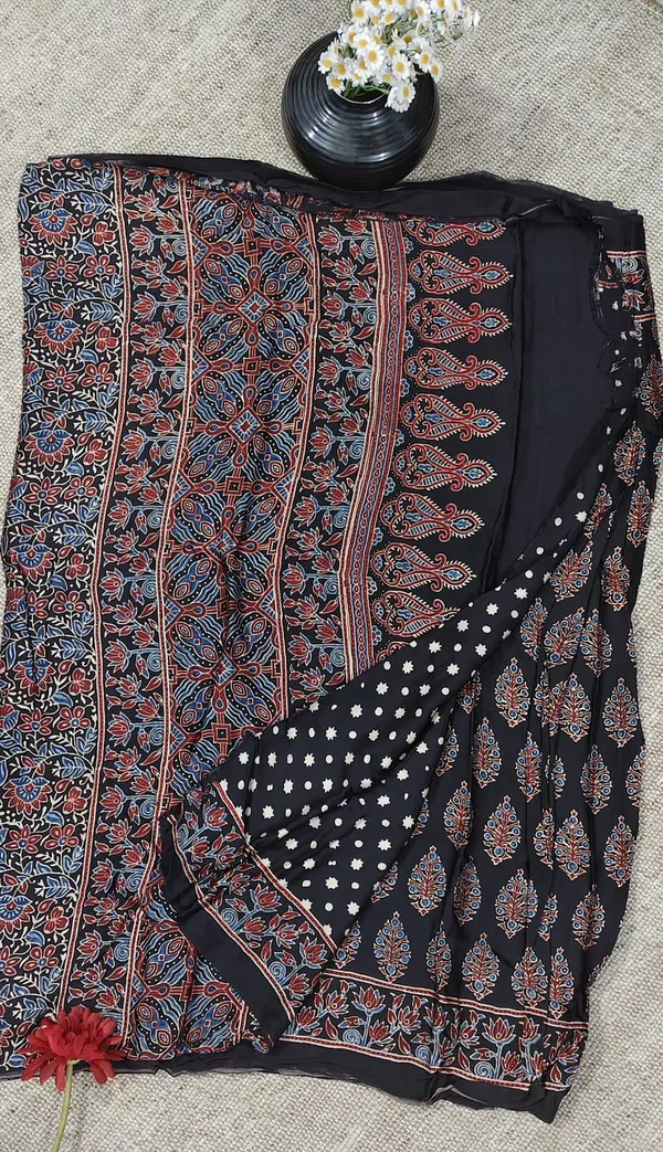 Pure_Modal_Ajrak_Hand_Block_Silk_Saree_With_Blouse