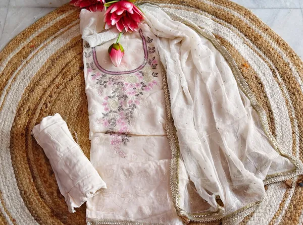 White_&_Pink_Embroidered_Organza_Unstitched_Suit_Material_With_Chiffon_Dupatta