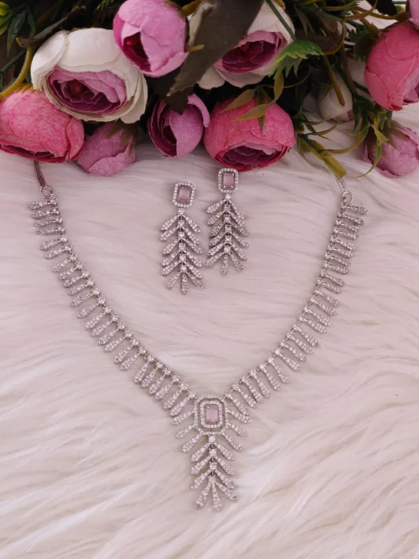 American_Diamond_Necklace_Set_With_Matching_Earrings_-_Silver_Tone
