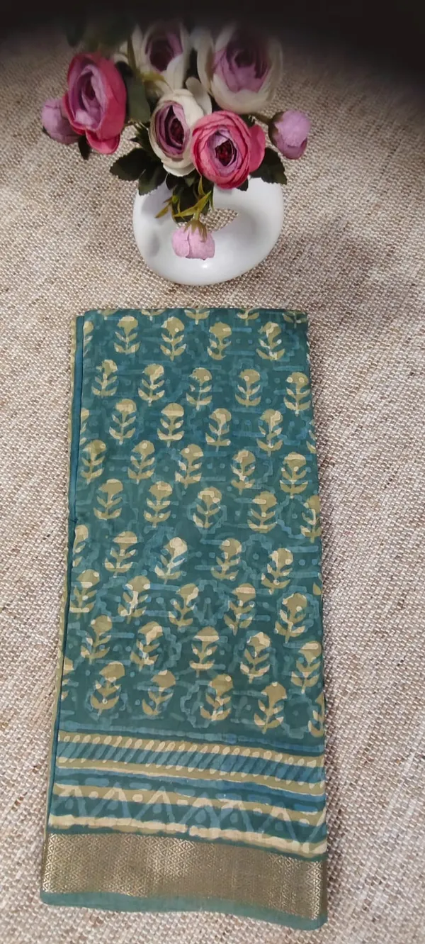 Teal_And_Gold_Floral_Print_Chanderi_Silk_Saree