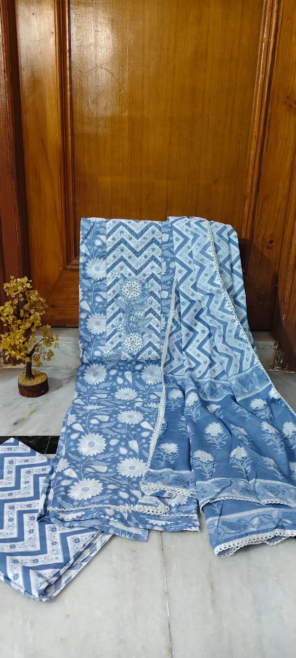 Blue_Floral_Print_Cotton_Unstitched_Suit_Material_With_Chevron_Dupatta