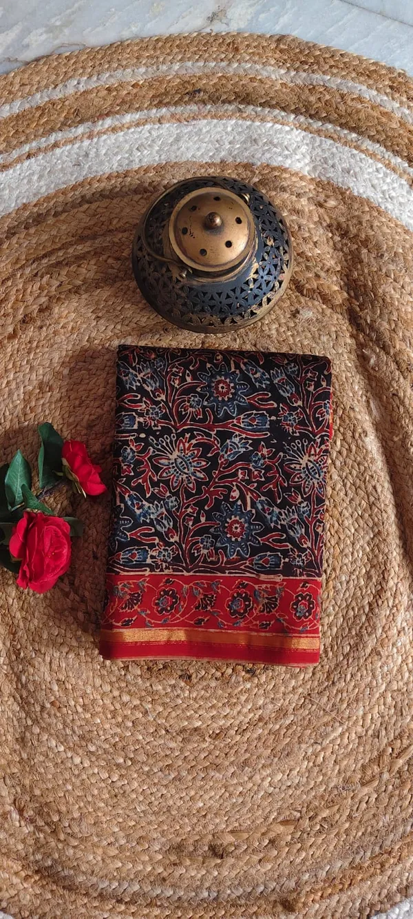 Ajrak_Hand_Block_Chanderi_Saree_With_Zari_Border-Red_&_Black