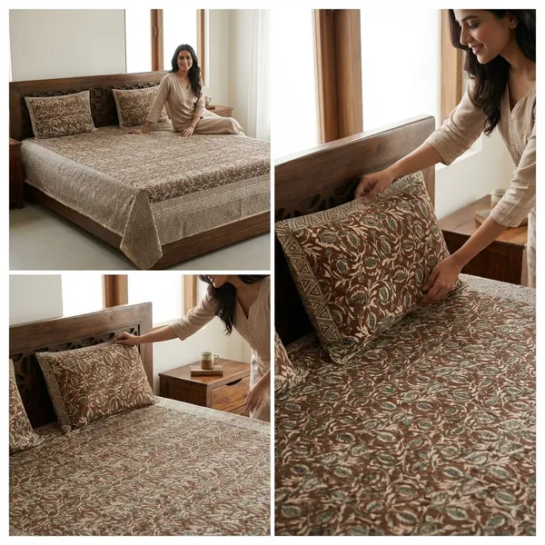 Beige_&_Brown_Floral_Print_Cotton_Bedsheet_With_2_Pillow_Covers