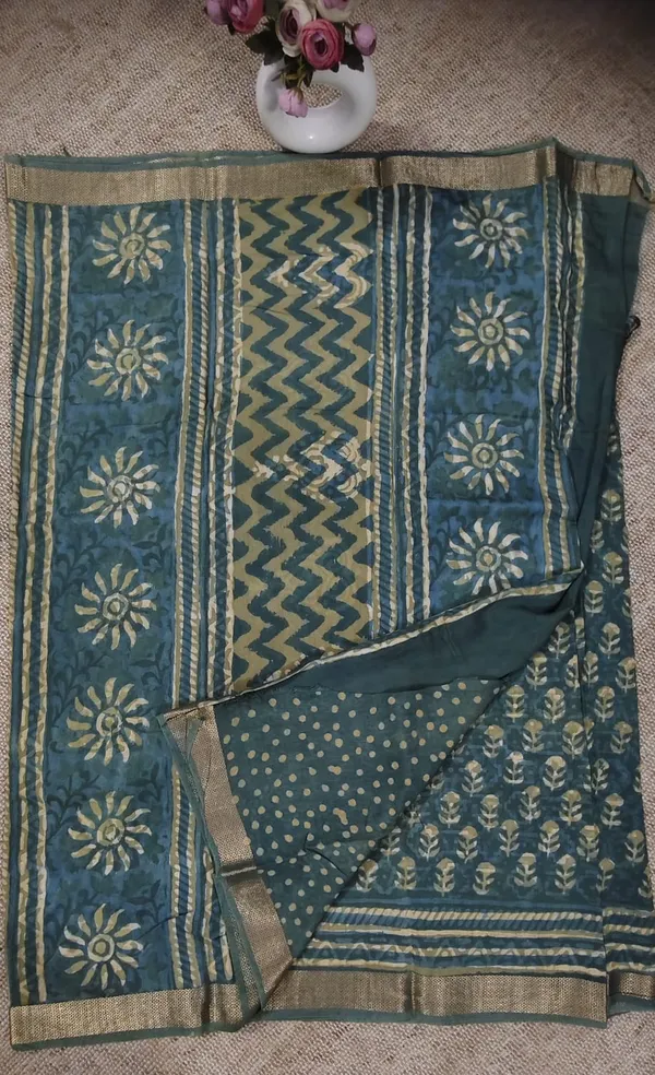 Teal_And_Gold_Floral_Print_Chanderi_Silk_Saree