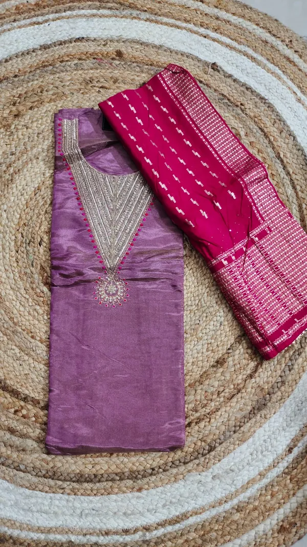 Purple_Tissue_Unstitched_Suit_Material_With_Embroidered_Neckline_And_Magenta_Dupatta