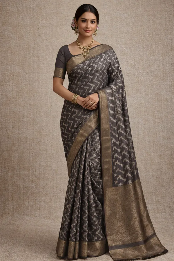 Grey_Chevron_Pattern_Chanderi_Silk_Saree_with_Golden_Border