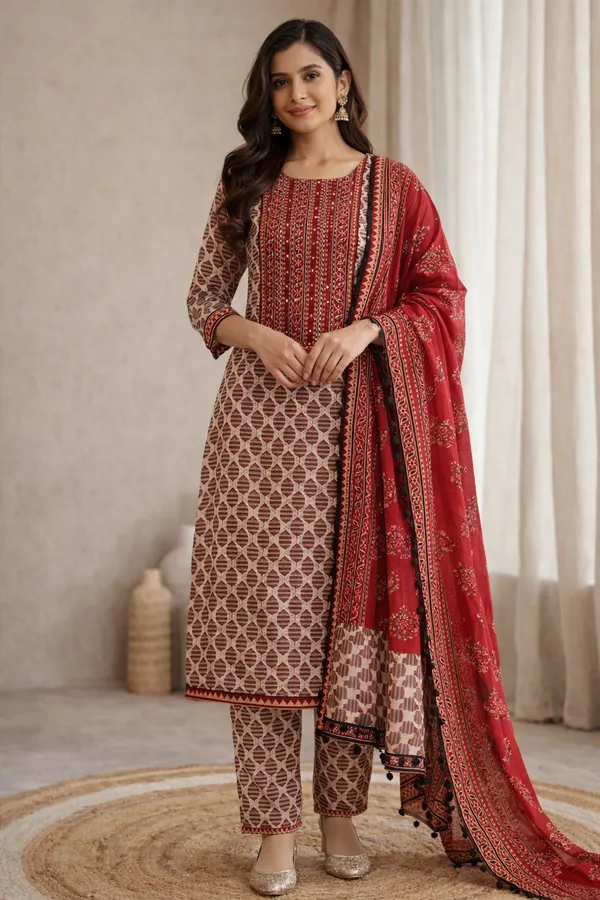 Ethnic_Cotton_Unstitched_Suit_Material_With_Dabu_Print_-_Red_And_Brown