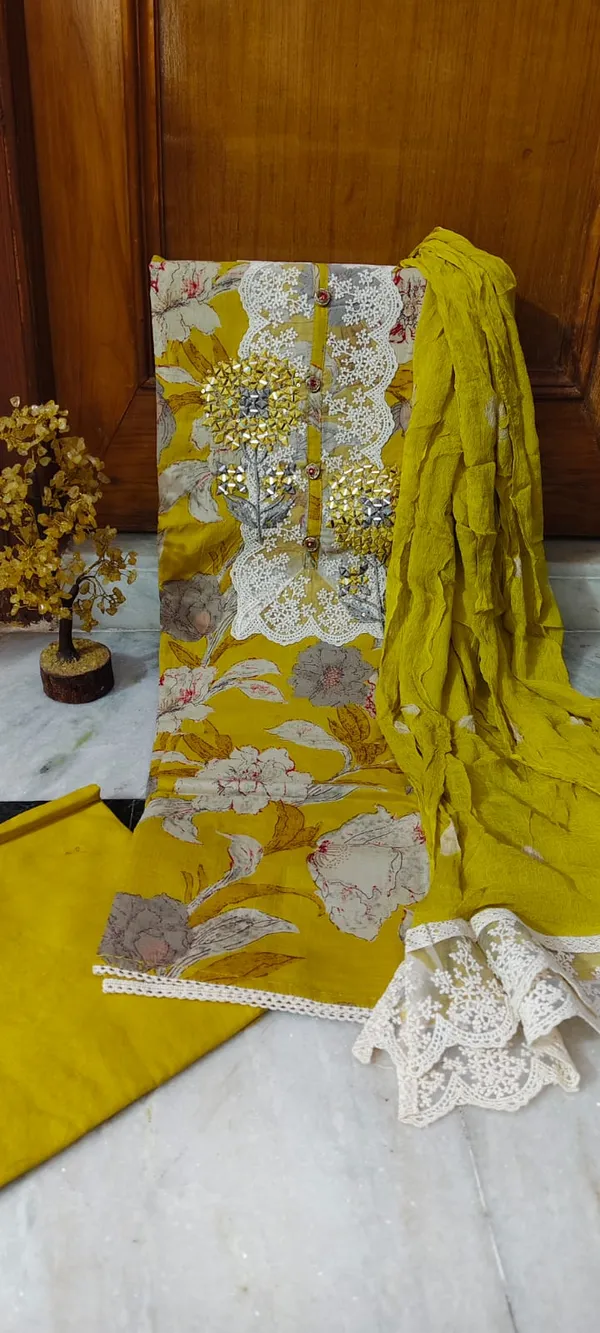 Yellow_Floral_Print_Unstitched_Unstitched_Suit_Material_With_Lace_Work_And_Dupatta