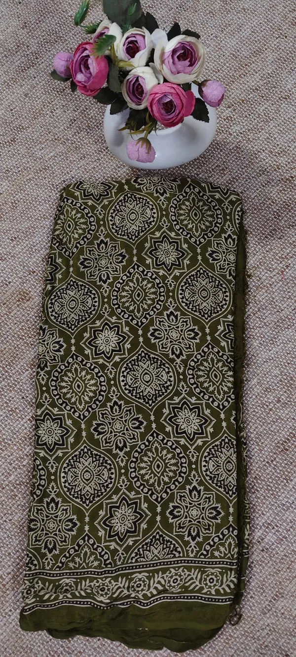 Olive_Green_Ajrak_Print_Modal_Saree_With_Bandhej_Blouse