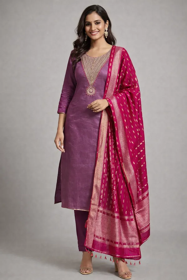 Purple_Tissue_Unstitched_Suit_Material_With_Embroidered_Neckline_And_Magenta_Dupatta