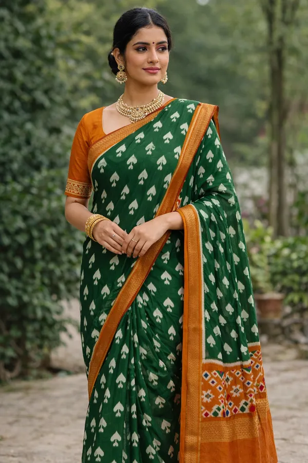 Green_Ikat_Print_Viscose_Muslin_Saree_With_Blouse