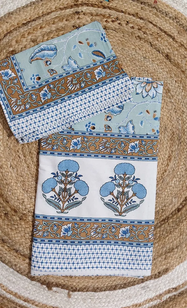 Hand_block_Printed_Cotton_Double_Bedsheet_With_2_Pillow_Covers_-_Aqua_Blue_Floral_&_Paisley_Pattern_With_Golden_Border