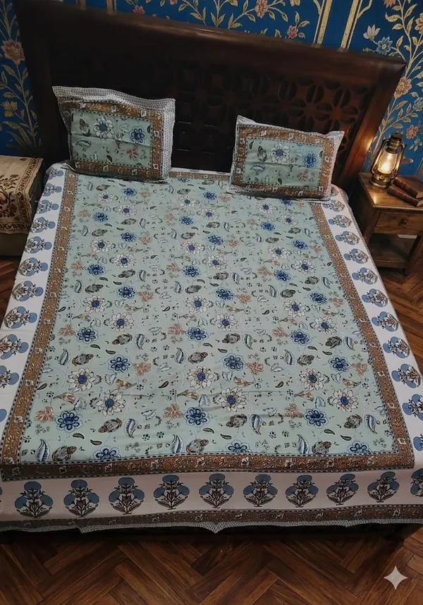 Hand_block_Printed_Cotton_Double_Bedsheet_With_2_Pillow_Covers_-_Aqua_Blue_Floral_&_Paisley_Pattern_With_Golden_Border