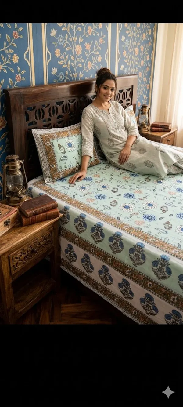 Hand_block_Printed_Cotton_Double_Bedsheet_With_2_Pillow_Covers_-_Aqua_Blue_Floral_&_Paisley_Pattern_With_Golden_Border