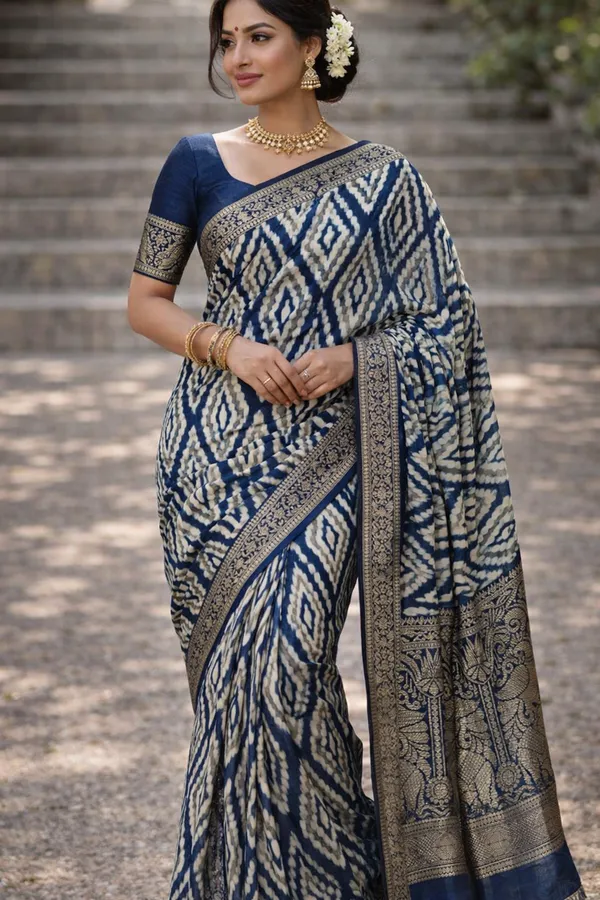 Navy_Blue_Viscose_Chanderi_Saree_With_Godlen_Zari_Border