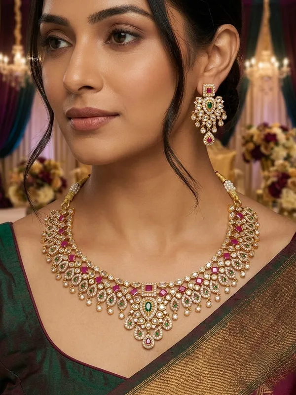 Traditional_Gold-Plated_Jadau_Necklace_Set_With_Pink_And_Green_Stones