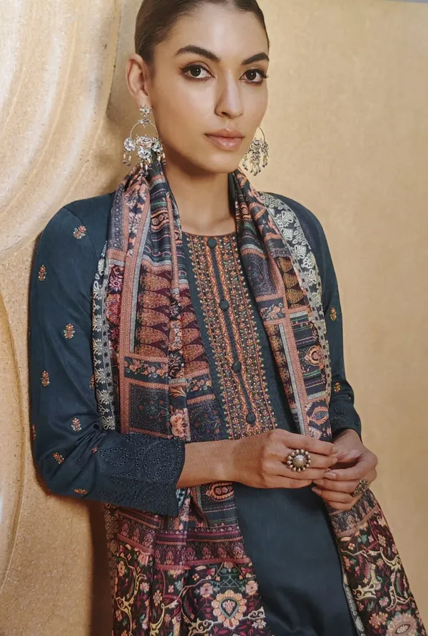 Peacock_Blue_Unstitched_Suit_Material_With_Floral_Muslin_Dupatta_(Embroidery_Neck_&_Sleevessve)