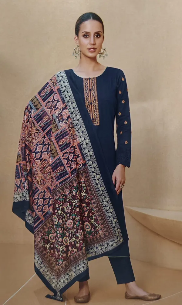Navy_Blue_Unstitched_Suit_Material_With_Floral_Muslin_Dupatta_(Embroidery_Neck_&_Sleevessve)