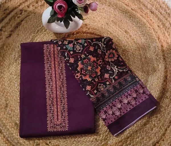 Wine_Unstitched_Suit_Material_With_Floral_Muslin_Dupatta_(Embroidery_Neck_&_Sleevessve)