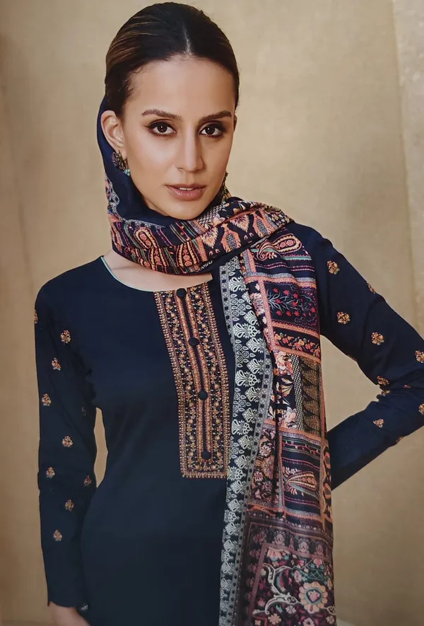 Navy_Blue_Unstitched_Suit_Material_With_Floral_Muslin_Dupatta_(Embroidery_Neck_&_Sleevessve)