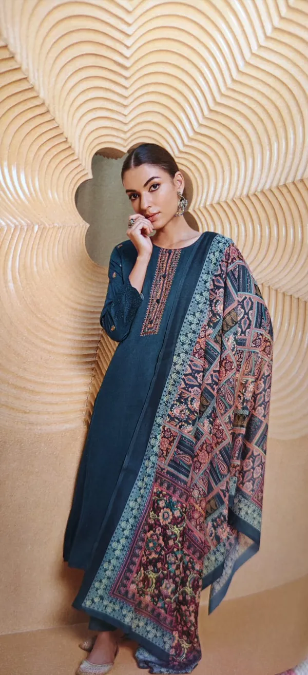 Peacock_Blue_Unstitched_Suit_Material_With_Floral_Muslin_Dupatta_(Embroidery_Neck_&_Sleevessve)