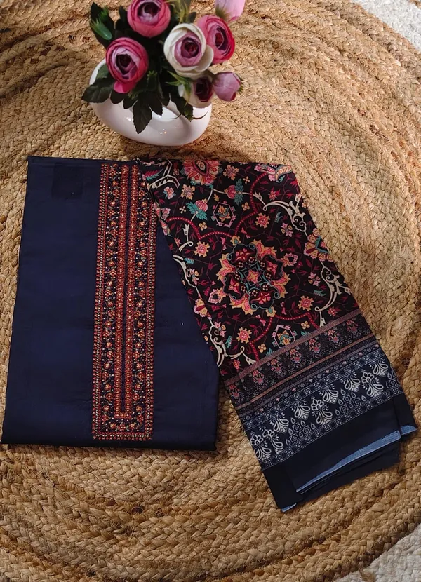Navy_Blue_Unstitched_Suit_Material_With_Floral_Muslin_Dupatta_(Embroidery_Neck_&_Sleevessve)
