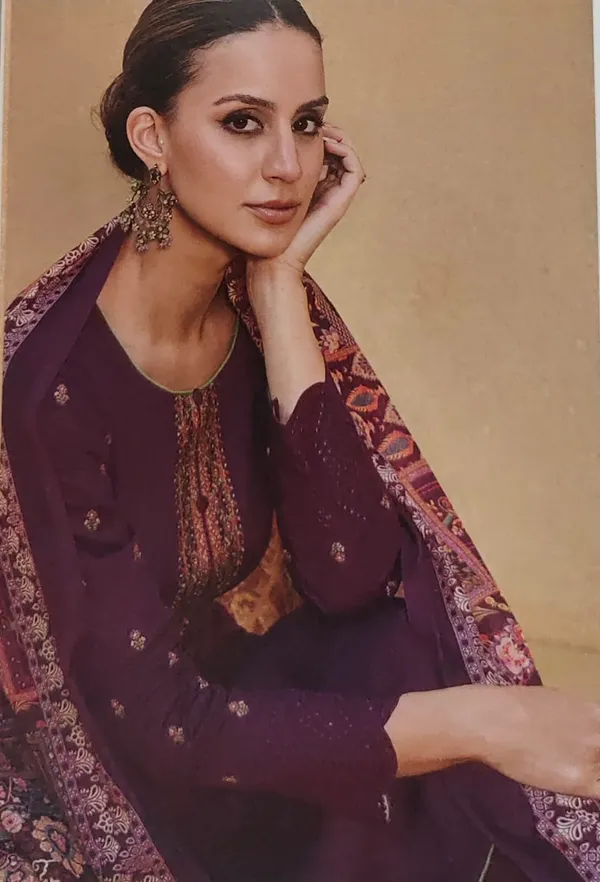 Wine_Unstitched_Suit_Material_With_Floral_Muslin_Dupatta_(Embroidery_Neck_&_Sleevessve)